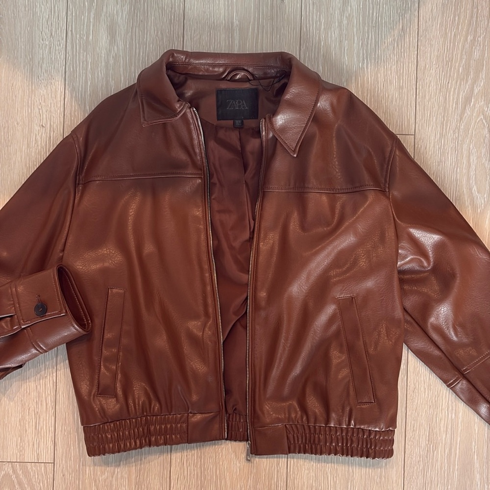 Zara Faux Leather Cognac Zip Up Brown Jacket
